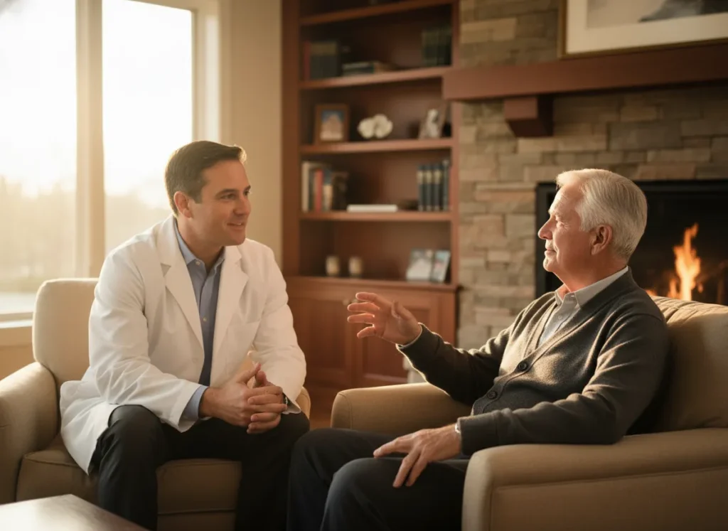 A concierge doctor provides unhurried, private care to a senior client in a North Shore home, ensuring peace of mind.