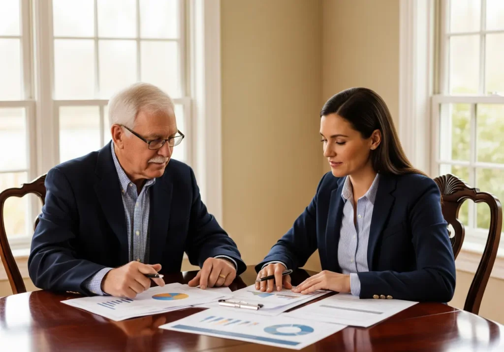 An older man reviews the financial costs of aging in place versus senior living with a private health advisor, illustrating the need for strategic control.