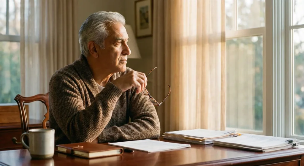 A distinguished older gentleman sits thoughtfully at his desk holding reading glasses, bathed in warm afternoon light, symbolizing the complex financial decisions faced by seniors in the Grey Zone.